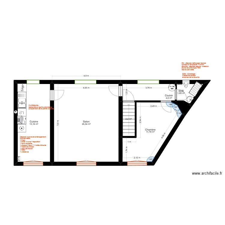 Doucet - appartement R+1 - plomberie. Plan de 7 pièces et 60 m2