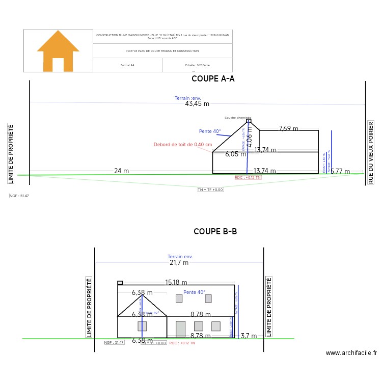 Coupe terrain et construction. Plan de 0 pièce et 0 m2