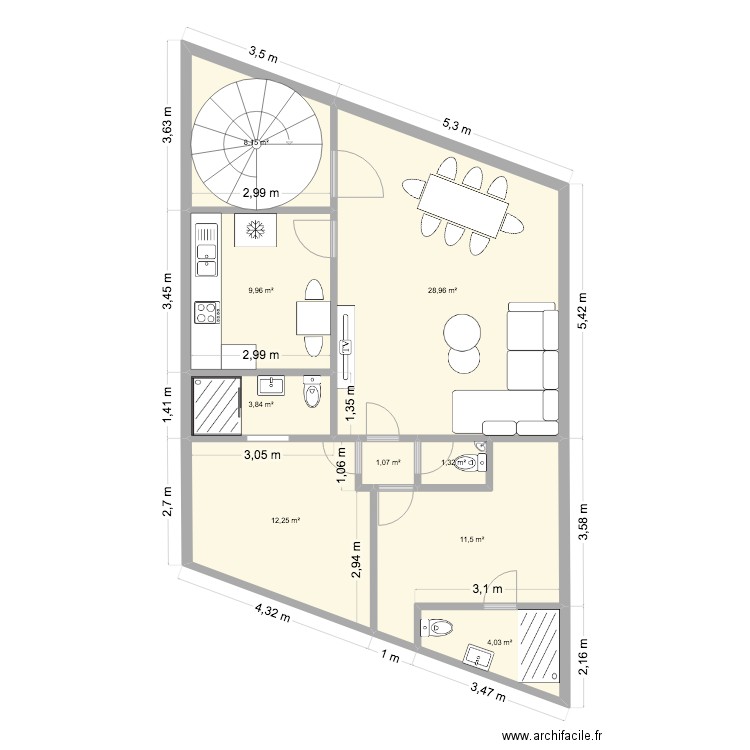 etage 2 kitambo. Plan de 14 pièces et 164 m2