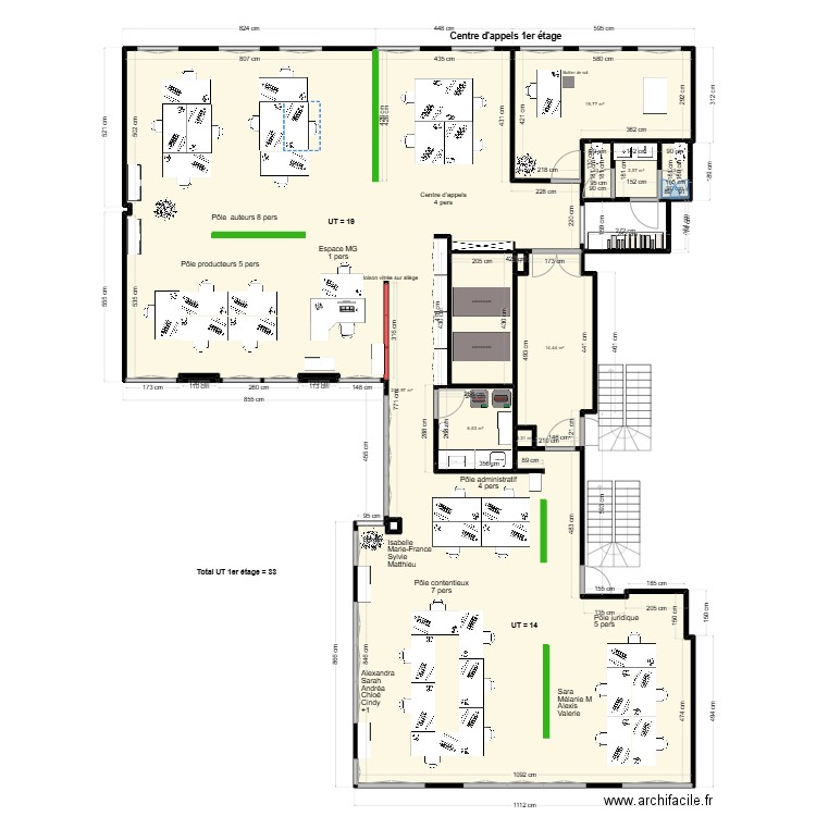 Plan 1er étage centre d'appels-08.2024-15. Plan de 11 pièces et 286 m2