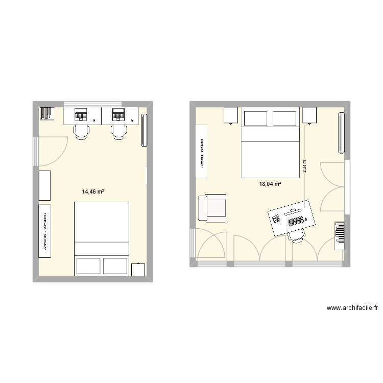 Chambre. Plan de 2 pièces et 33 m2