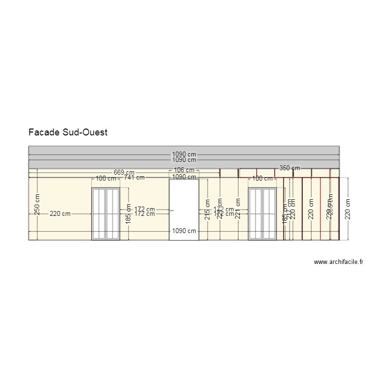 Façade sud-ouest avec poutres. Plan de 2 pièces et 36 m2