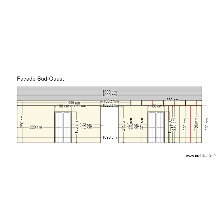 Façade sud-ouest avec poutres. Plan de Façade sud-ouest avec poutres. Plan de