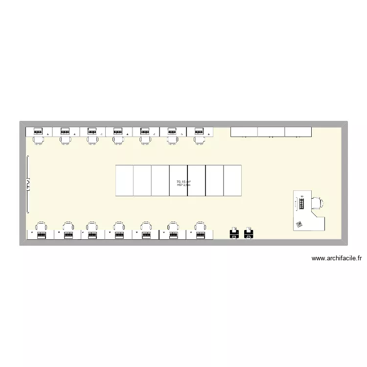 Jama&icirc;que salle A. Plan de 1  et 70 m²