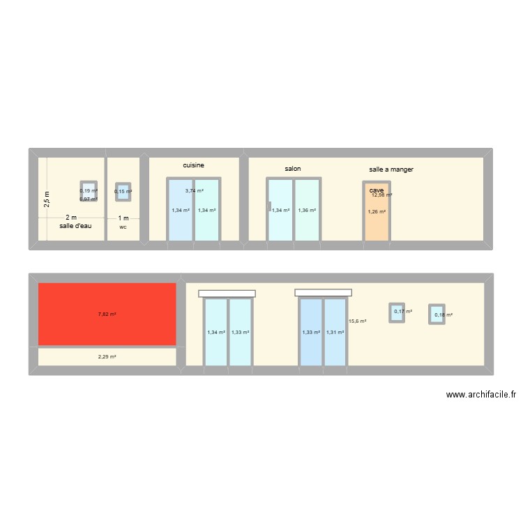 facade ouest. Plan de 19 pièces et 63 m2