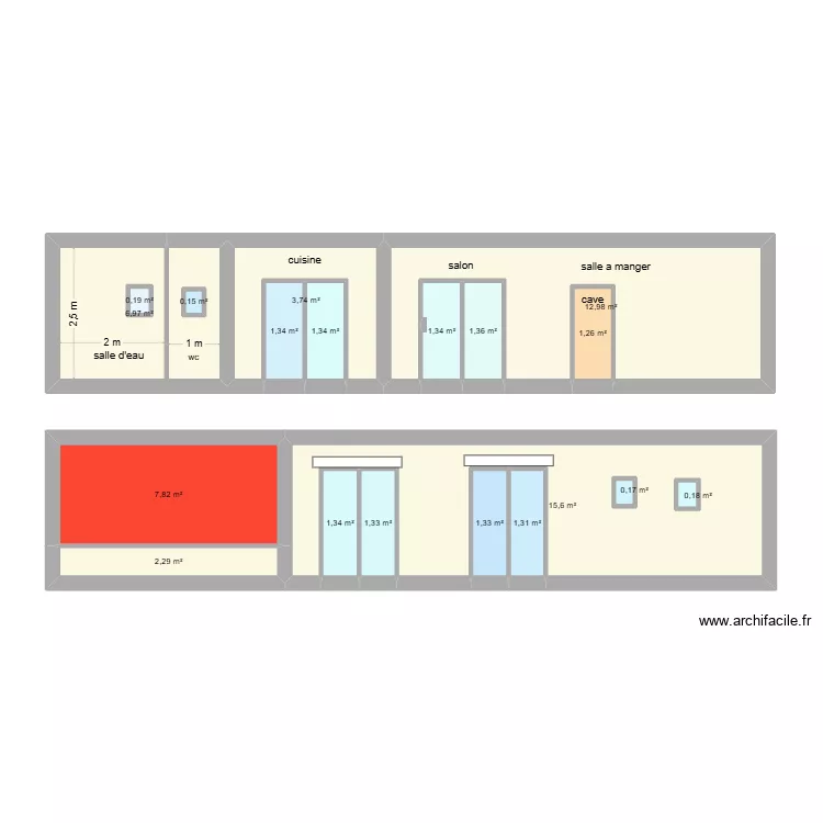 facade ouest. Plan de 19 pièces et 63 m²