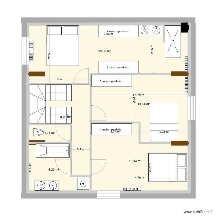R+1 V1. Plan de 6 pièces et 61 m2