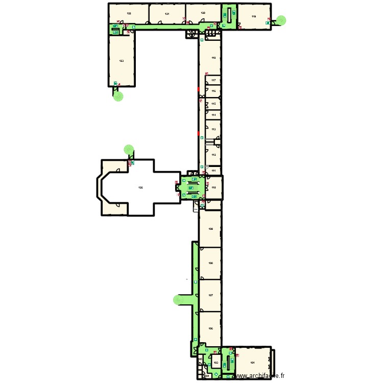 Plan 1er étage V2 avec salles et sécurité façade EST. Plan de 62 pièces et 1317 m2