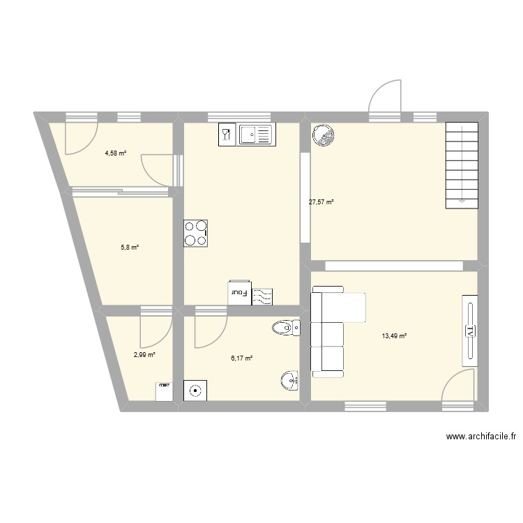 rez de chaussé idée Caro. Plan de 6 pièces et 61 m2
