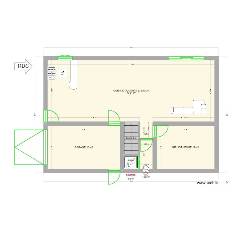 RDC 1 BIS. Plan de 6 pièces et 82 m2