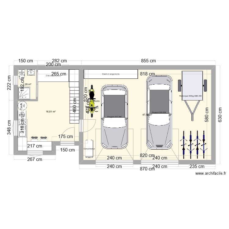 Garage 2 voitures + studio et Mezzanine. Plan de 3 pièces et 67 m2