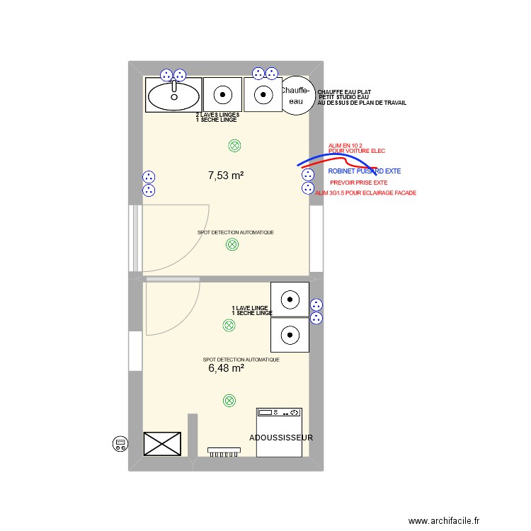 BUANDERIE RDC. Plan de 2 pièces et 14 m2