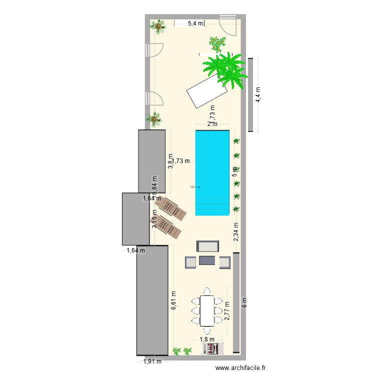 piscine aménagement. Plan de 1 pièce et 107 m2