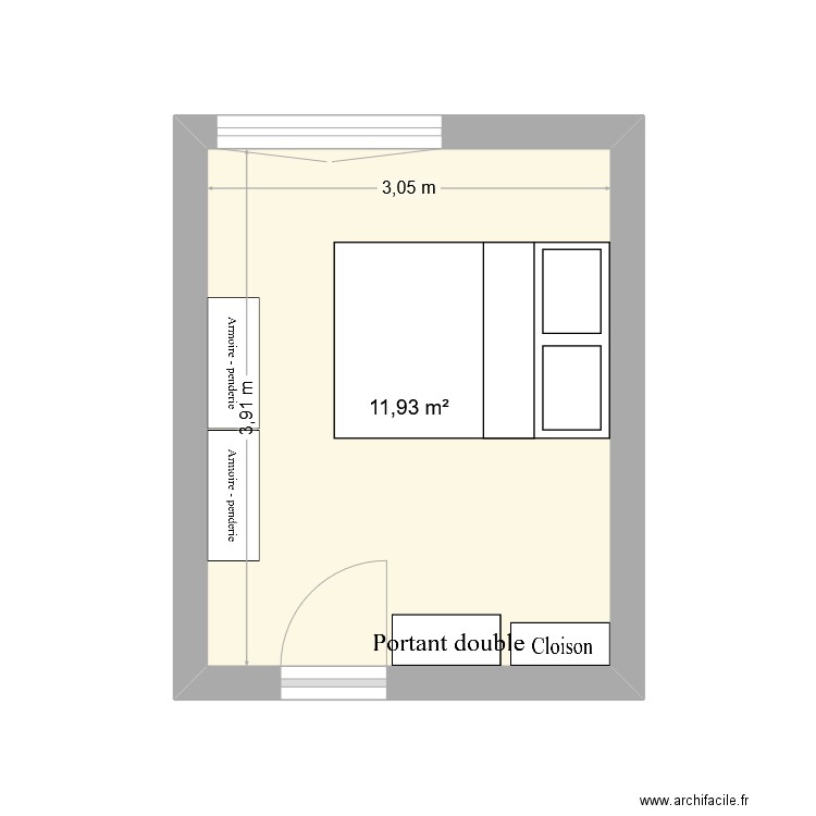 Chambre Droite. Plan de 1 pièce et 12 m2