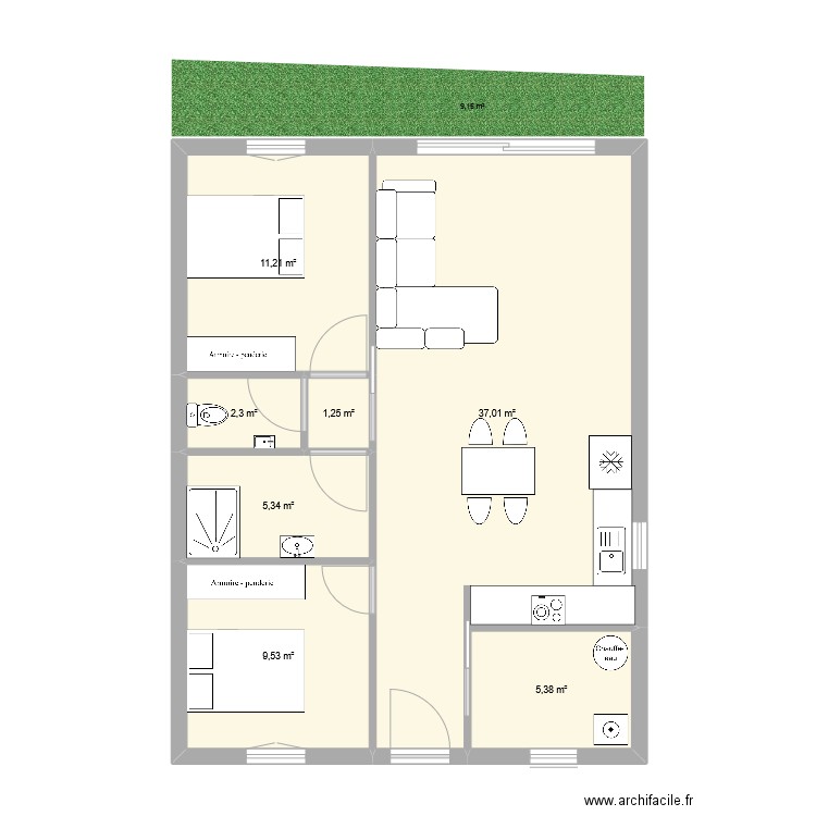 maison 3P 75m2. Plan de 7 pièces et 72 m2