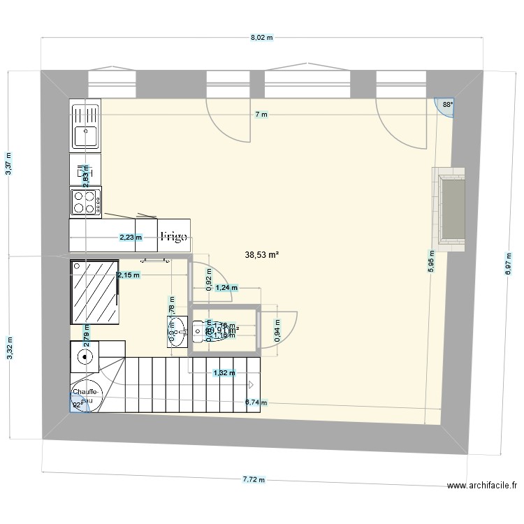 n°3 brion. Plan de 2 pièces et 39 m2