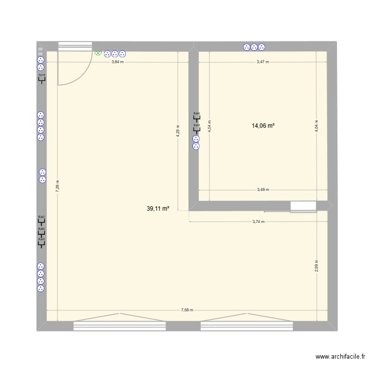 BUREAU 87. Plan de 2 pièces et 53 m2