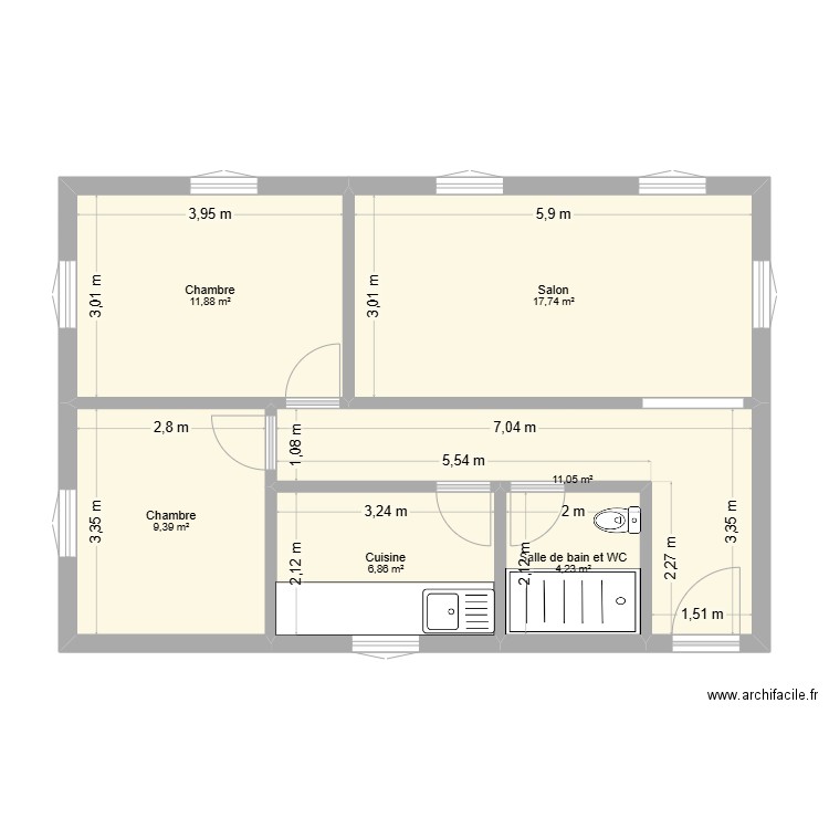 MAISON 10m X 7m. Plan de 6 pièces et 61 m2