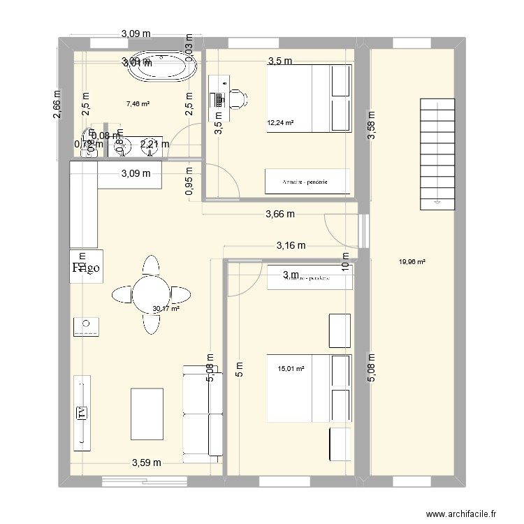 rez de chaussée. Plan de 5 pièces et 85 m2