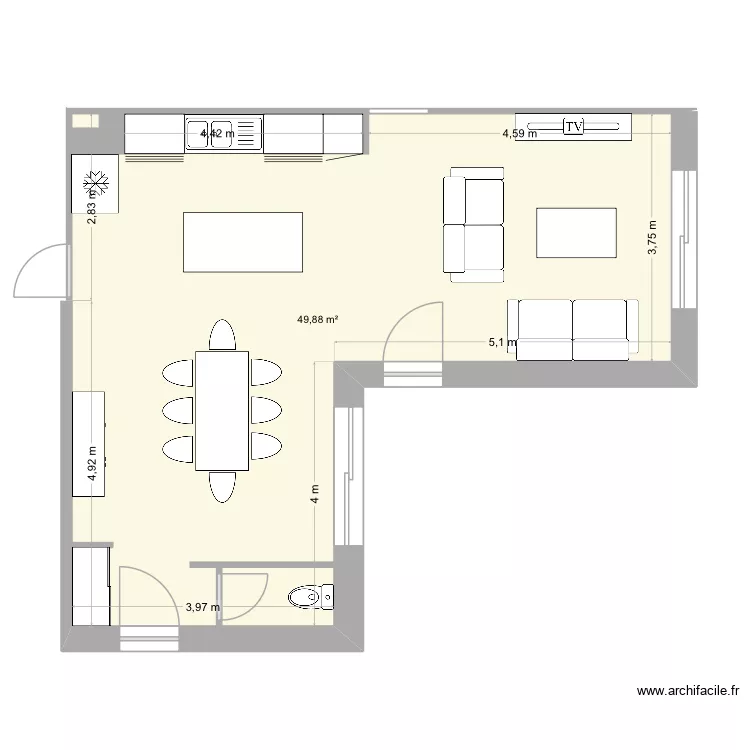 Pi&egrave;ce de vie solution 2. Plan de 1  et 50 m²