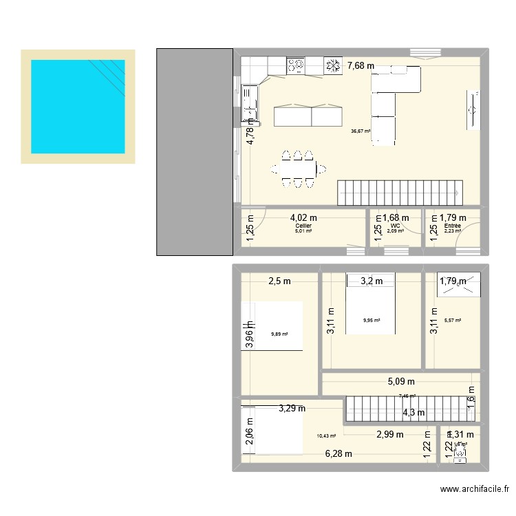 PDAN R+1. Plan de 10 pièces et 91 m2
