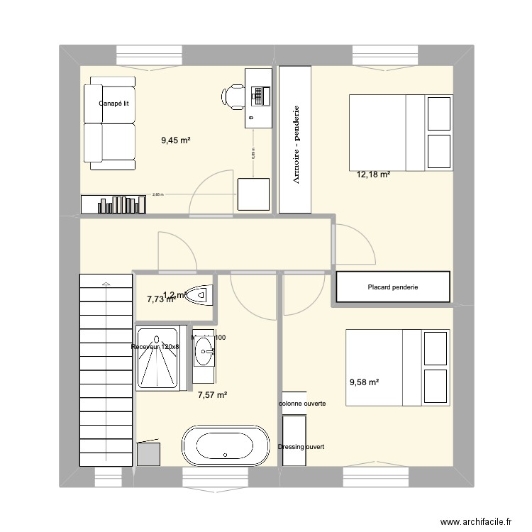 ETAGE. Plan de 6 pièces et 48 m2