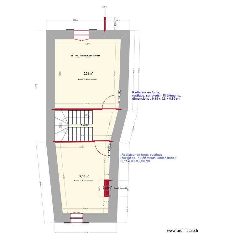 T5 - 2ème - Plomberie, gaz, sanitaire. Plan de 4 pièces et 34 m2