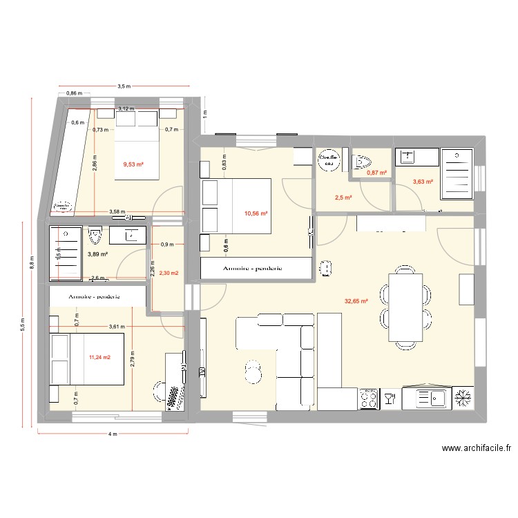 extension 3 chambres. Plan de 9 pièces et 77 m2