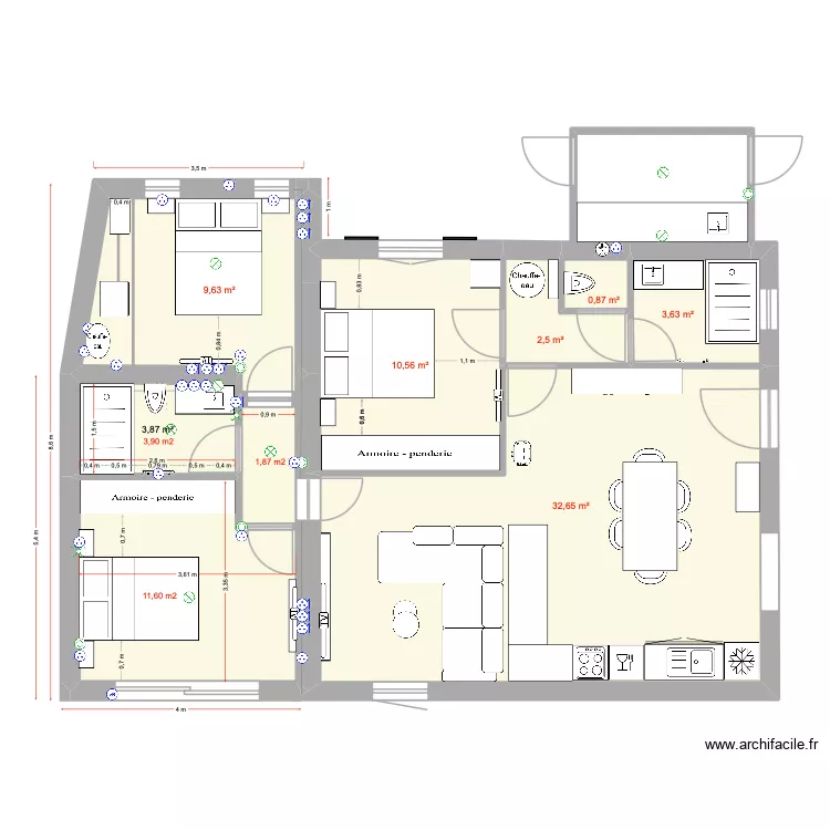 extension 3 chambres. Plan de 8 pièces et 77 m²