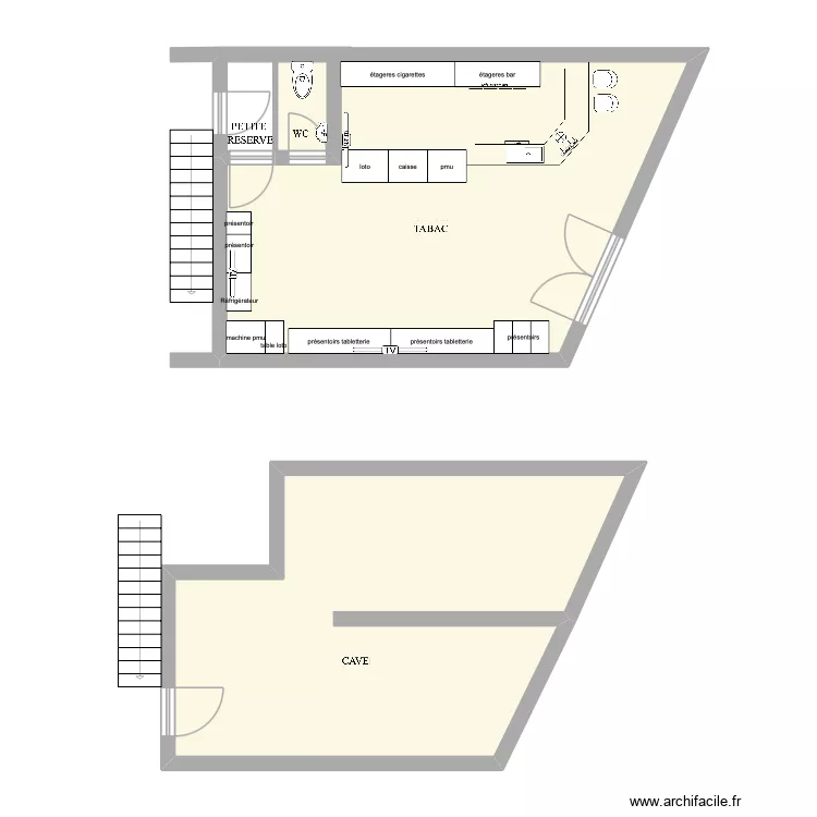 tabac. Plan de 3  et 70 m²