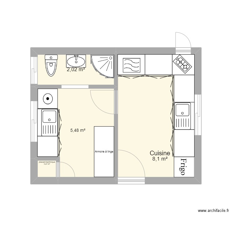 cuisine-buanderie. Plan de 4 pièces et 16 m2