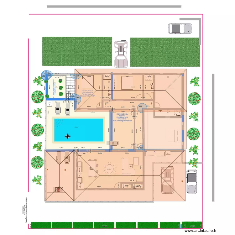Esquisse 2 blocs - 4 chambres - avec toits avec meubles et sous-sol. Plan de 
