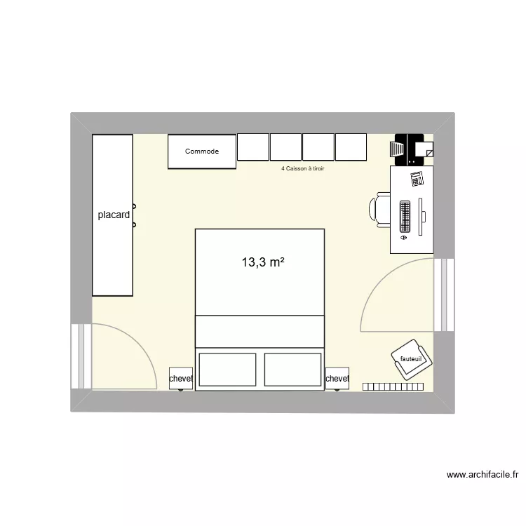 Chambre  bureau du fond. Plan de 1  et 13 m²