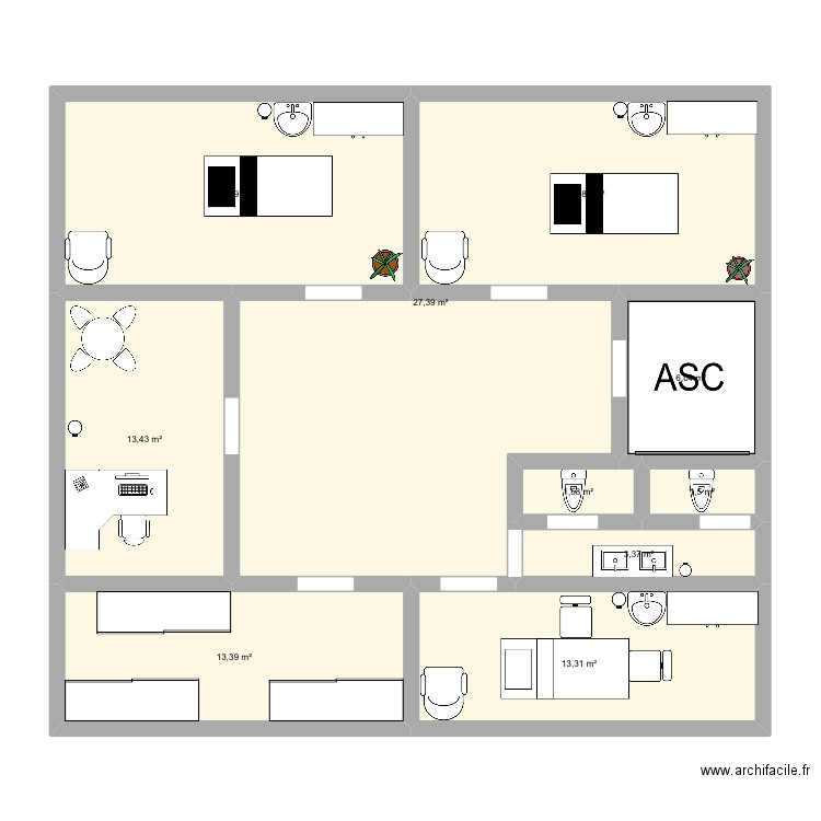 Co-inter : étage. Plan de 10 pièces et 118 m2