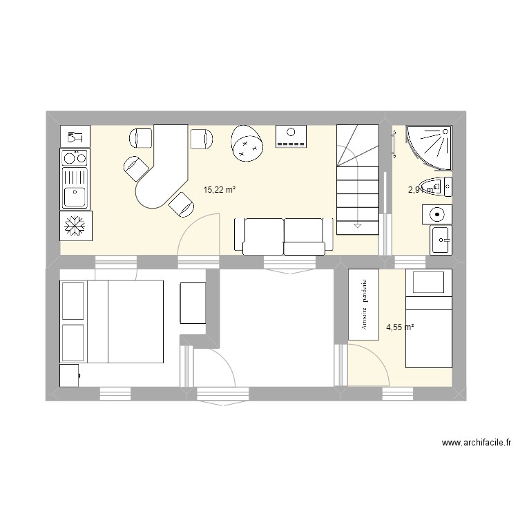 Tiny house 30m2. Plan de 3 pièces et 23 m2