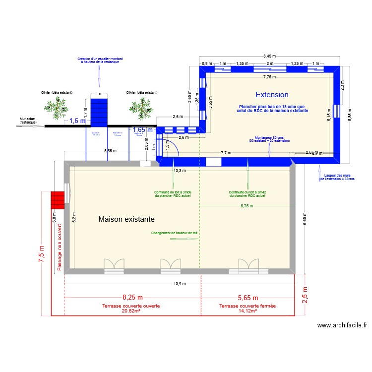 Extension + extérieur + fenètres - V1. Plan de 2 pièces et 126 m2