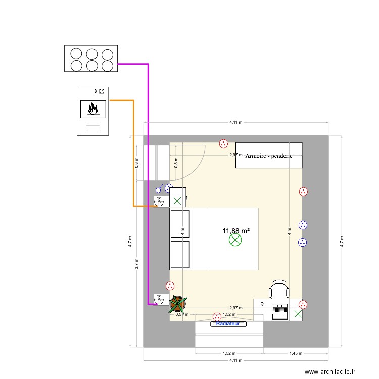 chambre du drole. Plan de 1 pièce et 12 m2