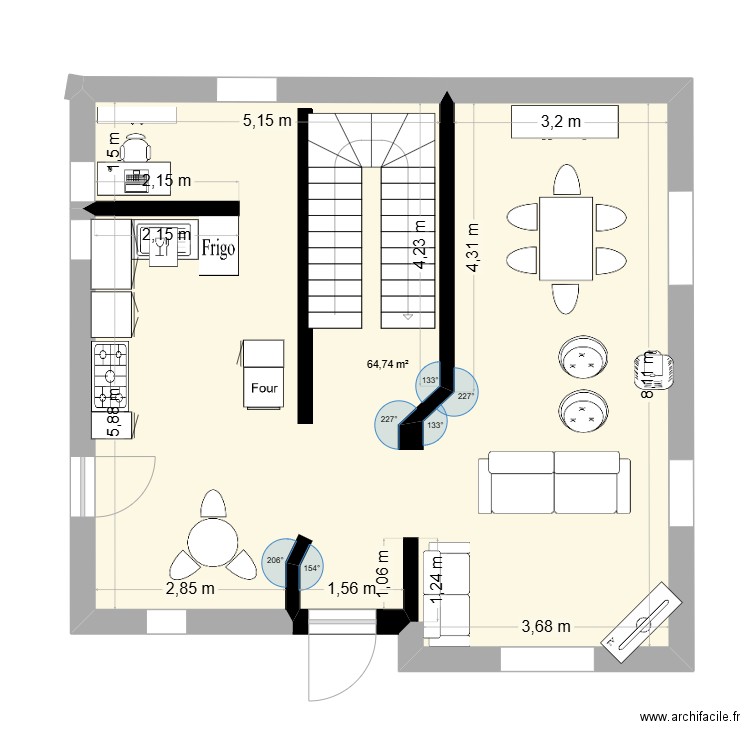 plan 1. Plan de 1 pièce et 65 m2