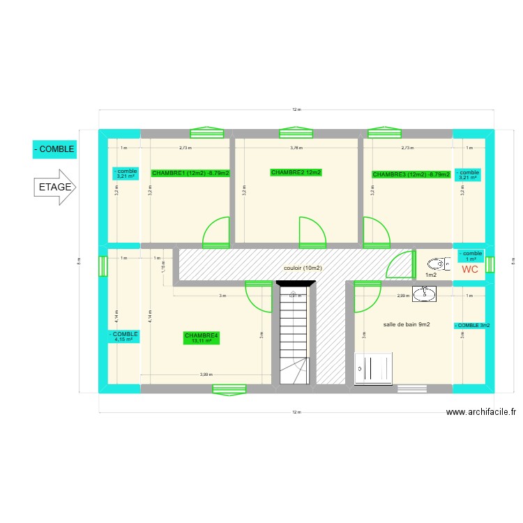 RDC 01 ETAGE. Plan de 13 pièces et 80 m2