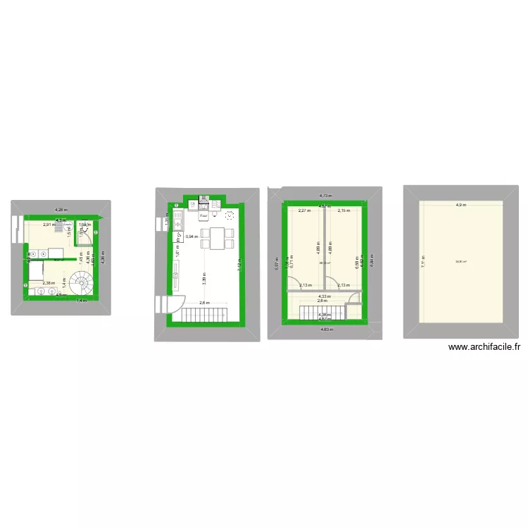 RDC/ Cuisine salon /Chambre / Grenier. Plan de 3  et 82 m²