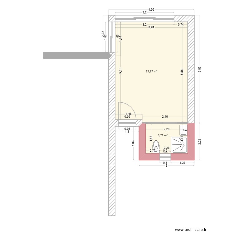 AUVRAY. Plan de 2 pièces et 25 m2