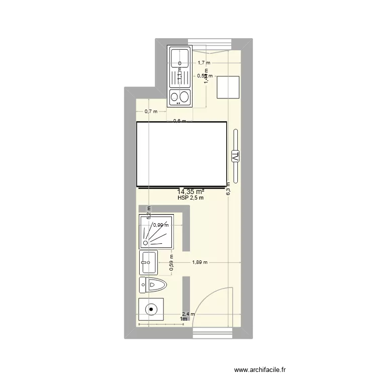studio cham. Plan de 1  et 14 m²