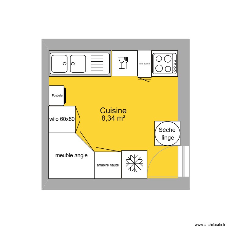 Cuisine Nenette. Plan de 1 pièce et 8 m2