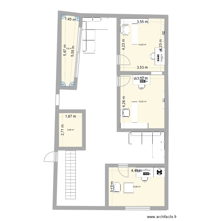 Salles de consultations V2. Plan de 5 pièces et 56 m2