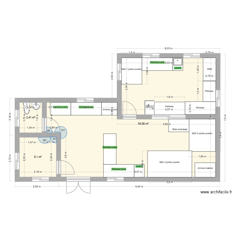 Labo (5 préfabriqués). Plan de 3 pièces et 62 m2