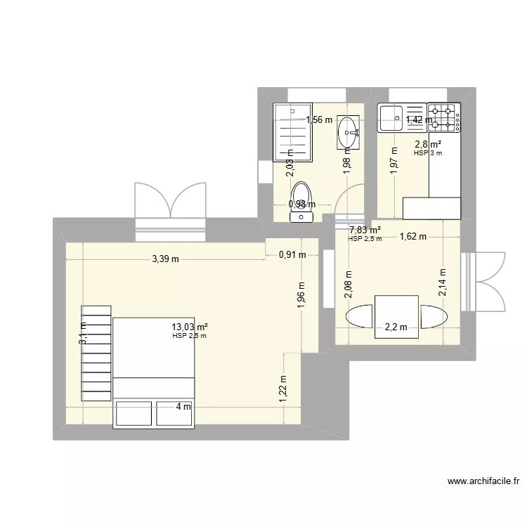 Plan appart RDC Sud Est. Plan de 3 pièces et 24 m²