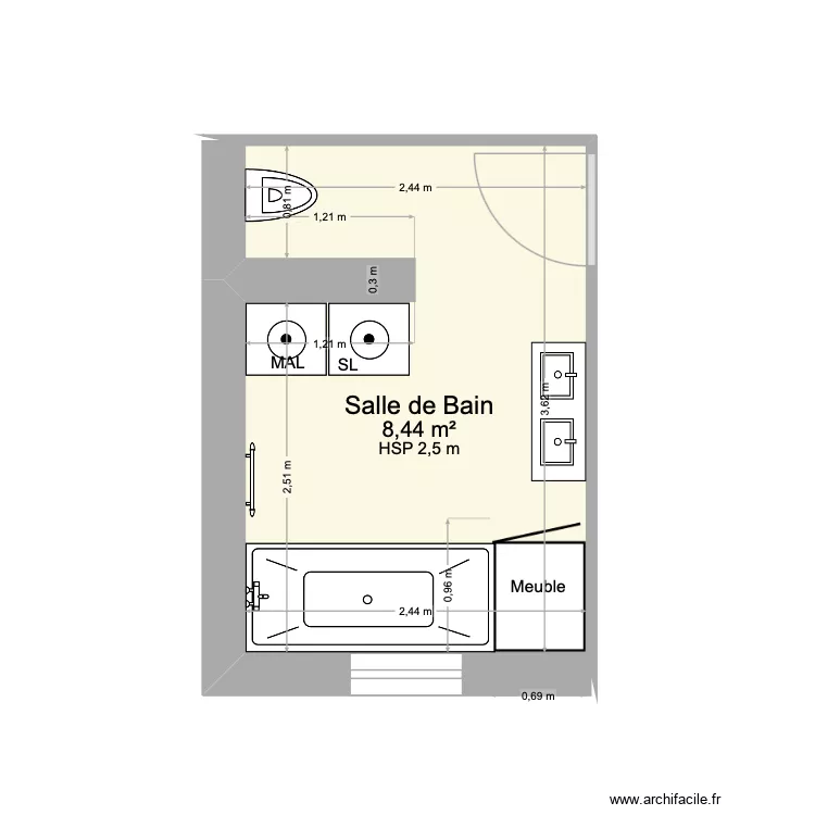 Salle de Bain. Plan de 1  et 8 m²
