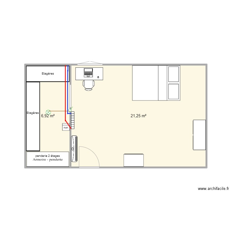 amenagement chambre selena. Plan de 2 pièces et 28 m2