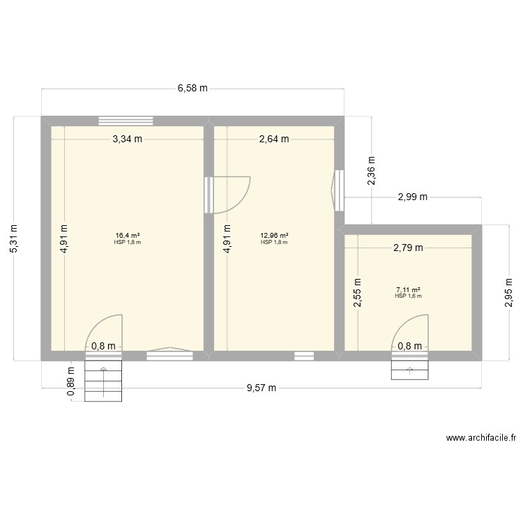 Rez de Jardin. Plan de 3 pièces et 36 m2