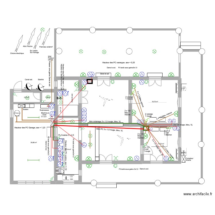 Electricité. PC et  éclairage chambres. Plan de 6 pièces et 79 m2